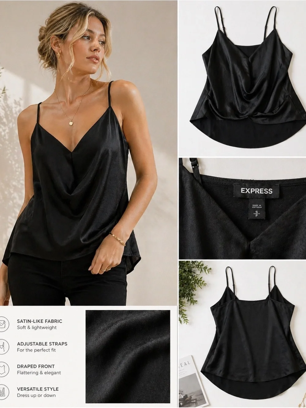 Express Black Satin Draped Cami Top Adjustable Straps Size S